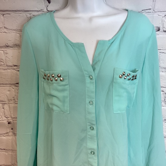 MOON COLLECTION LOS ANGELES CHIFFON STUDDED BLOUSE SEA FOAM GREEN SZ LG - Picture 2 of 4